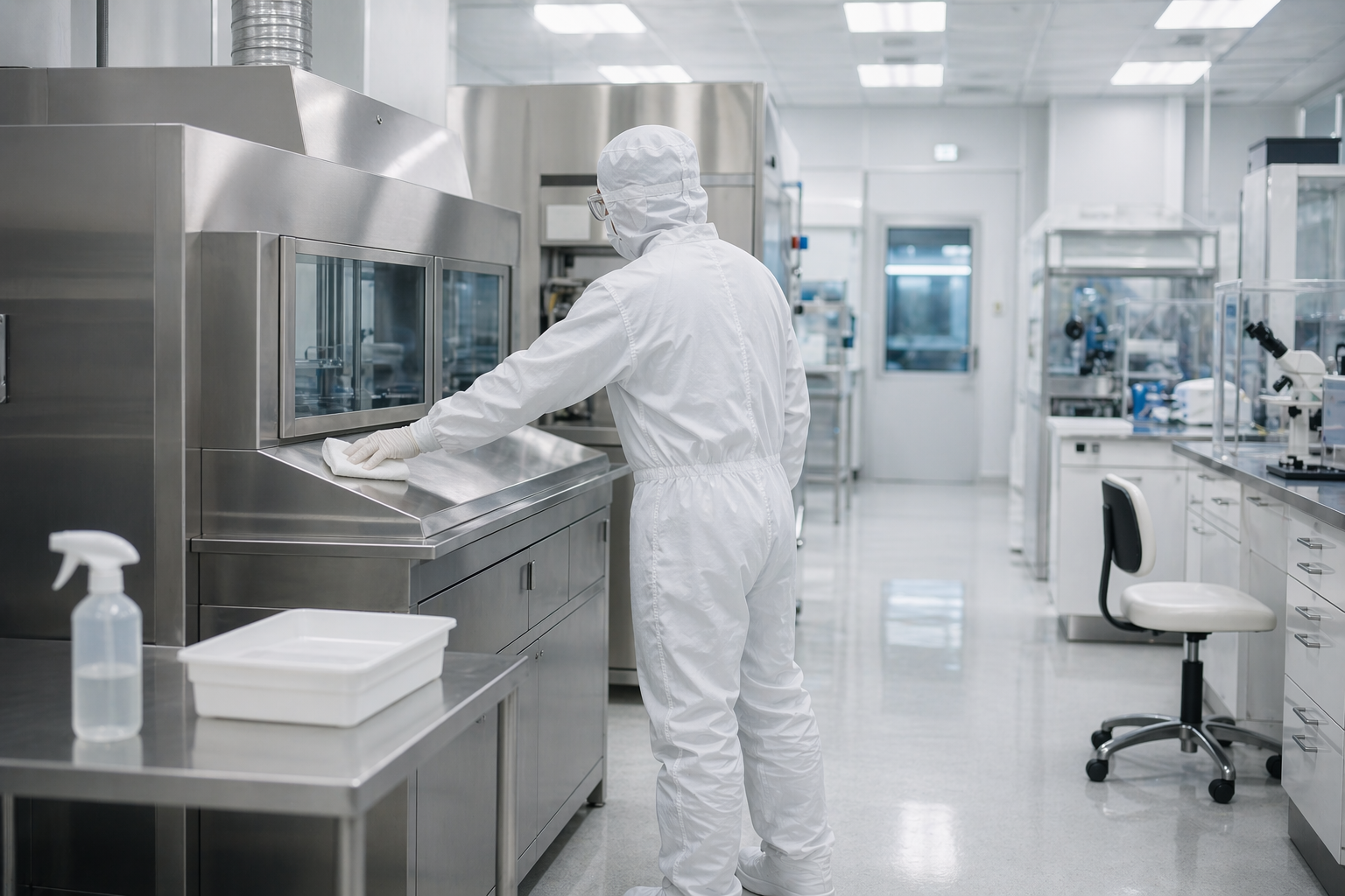 Cleanroom sanitation with PPE-compliant protocol and sterile surfaces