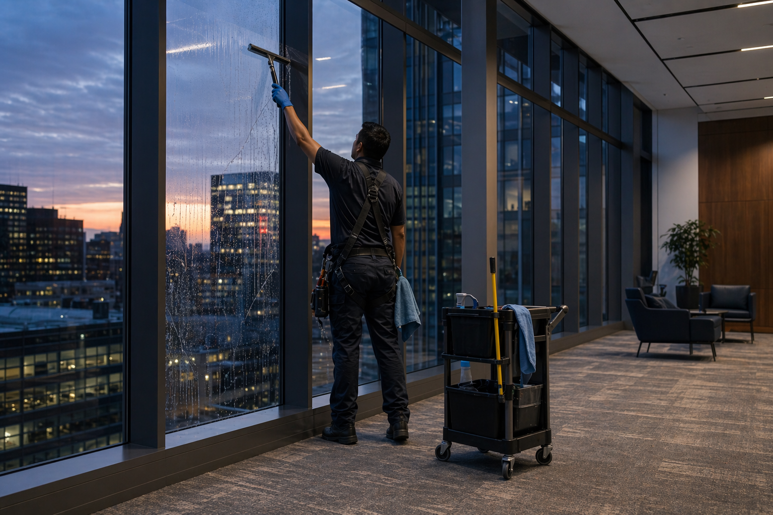 Commercial window cleaning in a multi-story office building