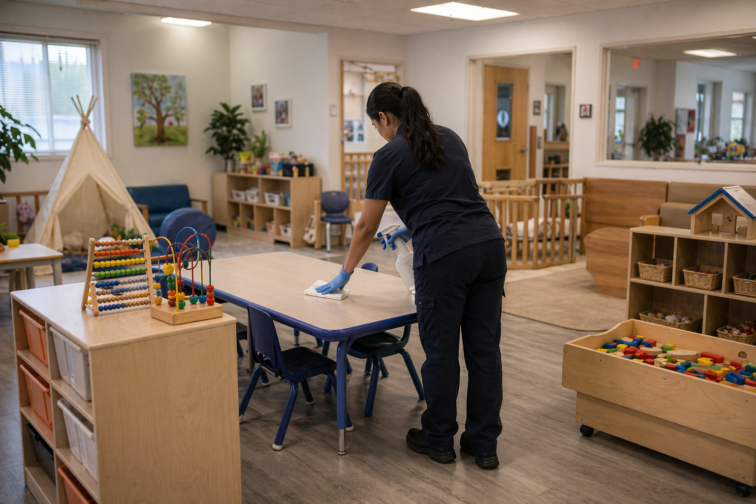 Professional cleaner sanitizing classroom surfaces in a daycare