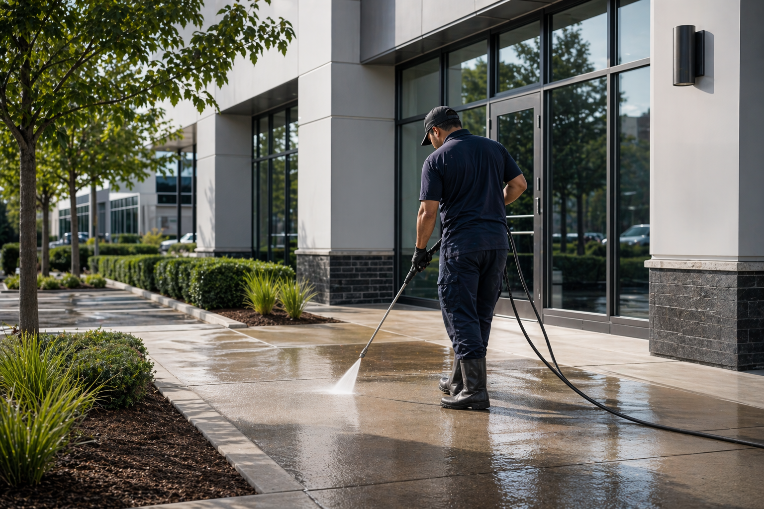 Exterior pressure washing along a commercial building facade