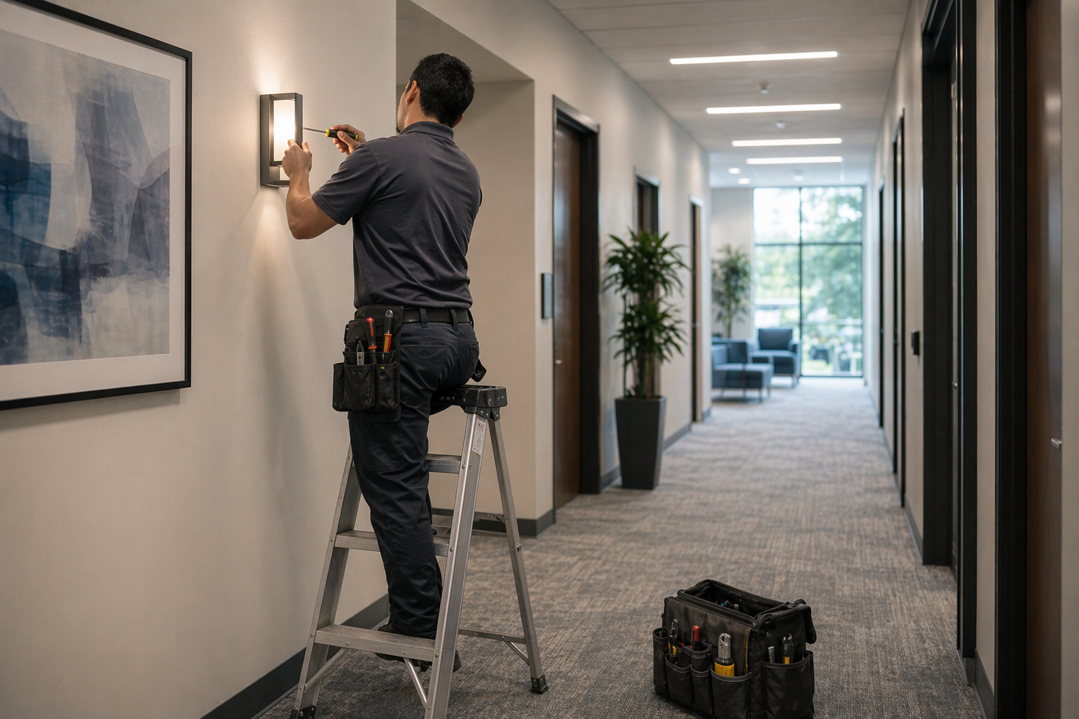 Handyman performing light fixture and wall maintenance in an office