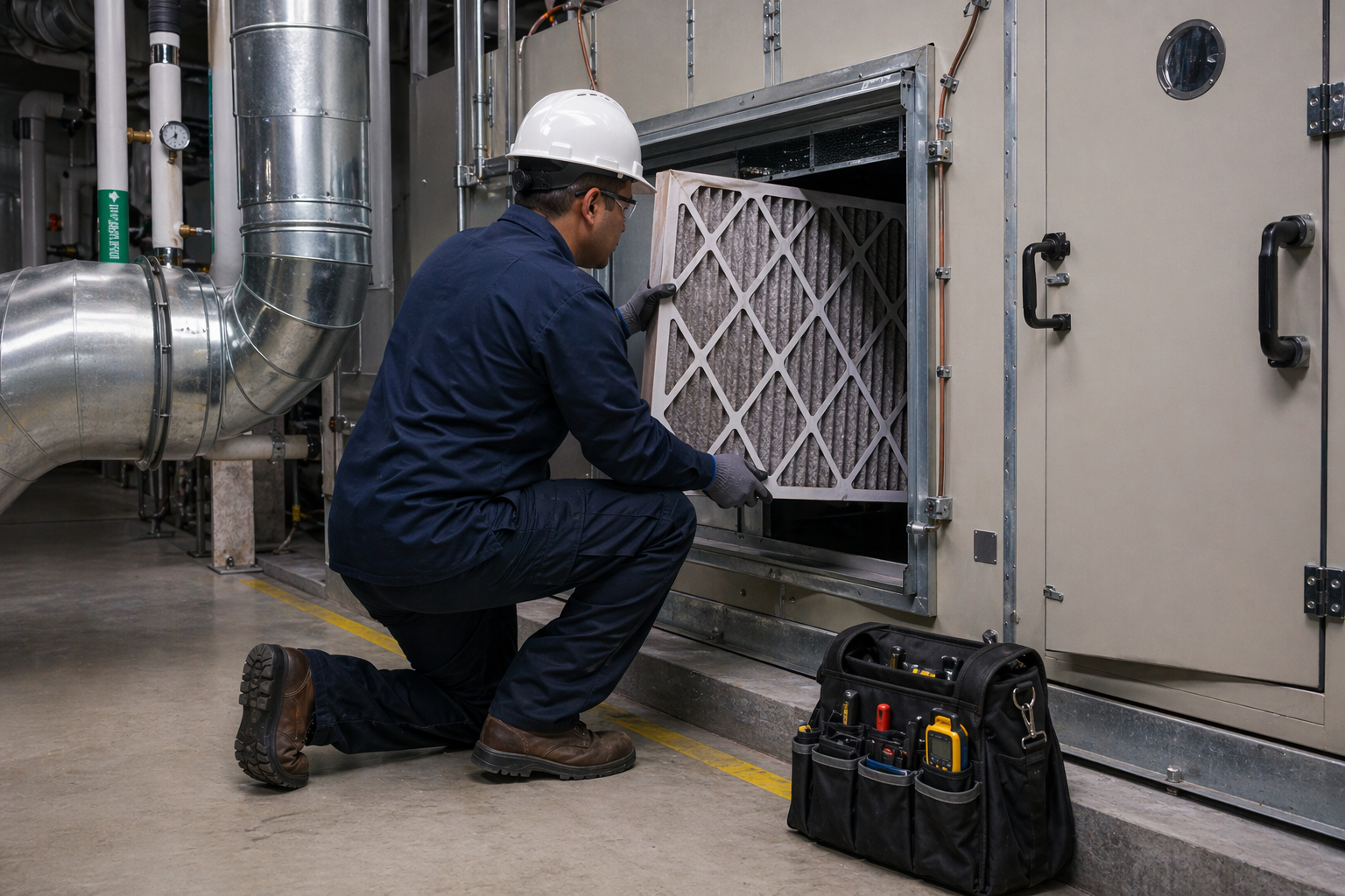 Technician replacing HVAC filtration components in a commercial mechanical room
