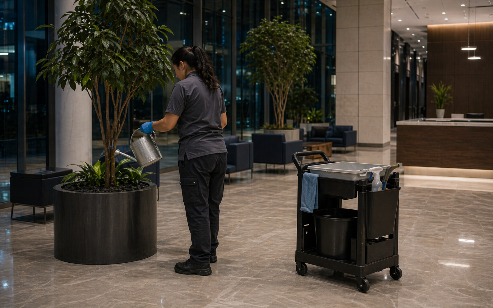 Technician watering and maintaining indoor plants in a commercial lobby