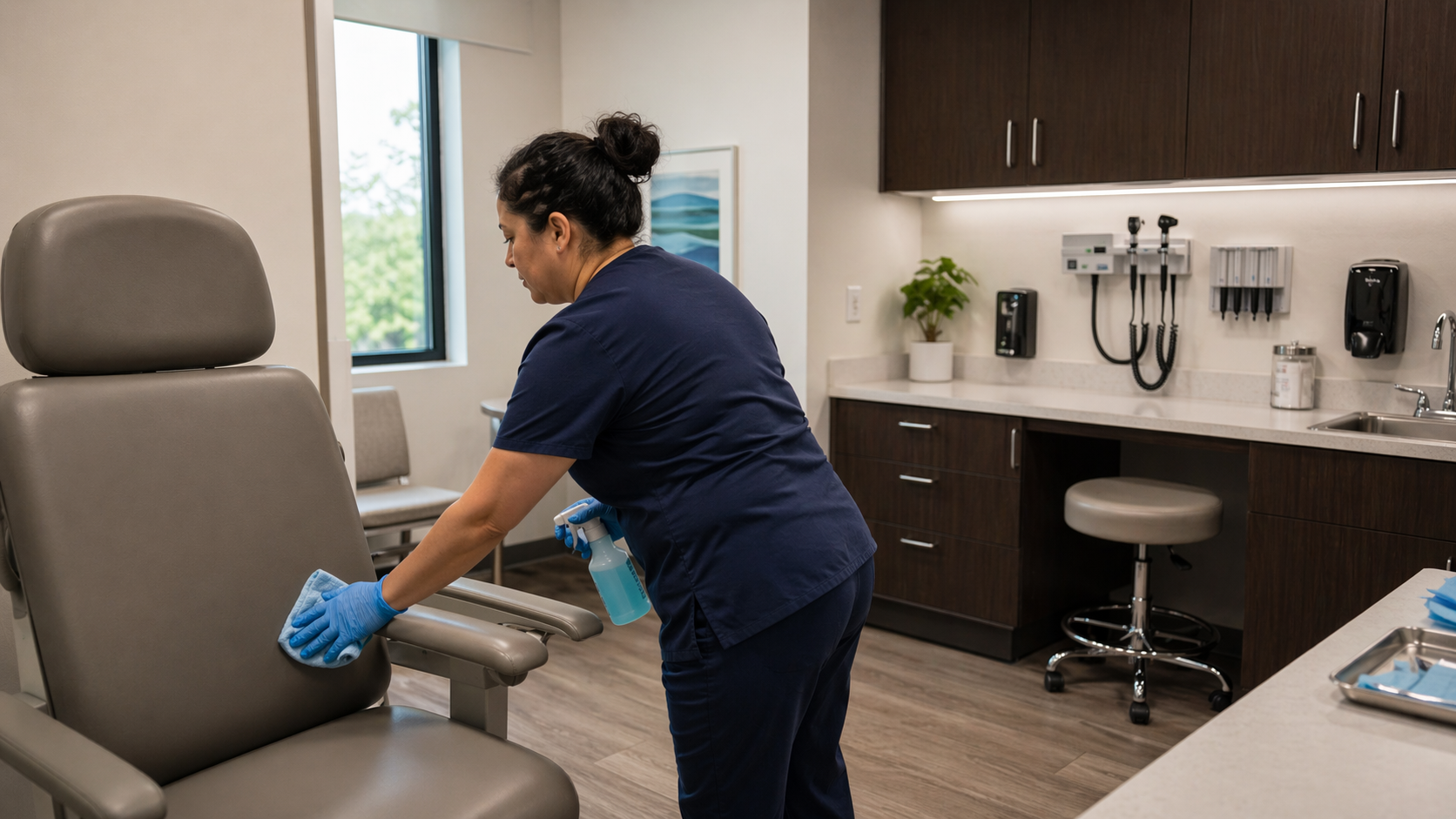 Disinfection of high-touch surfaces in a medical office exam room