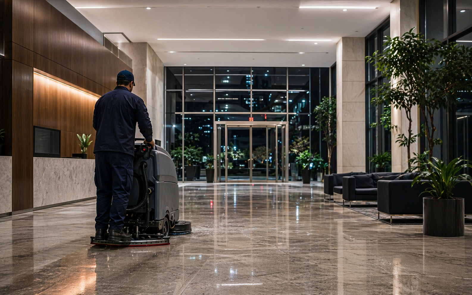 Autoscrubber service in a large office lobby after hours