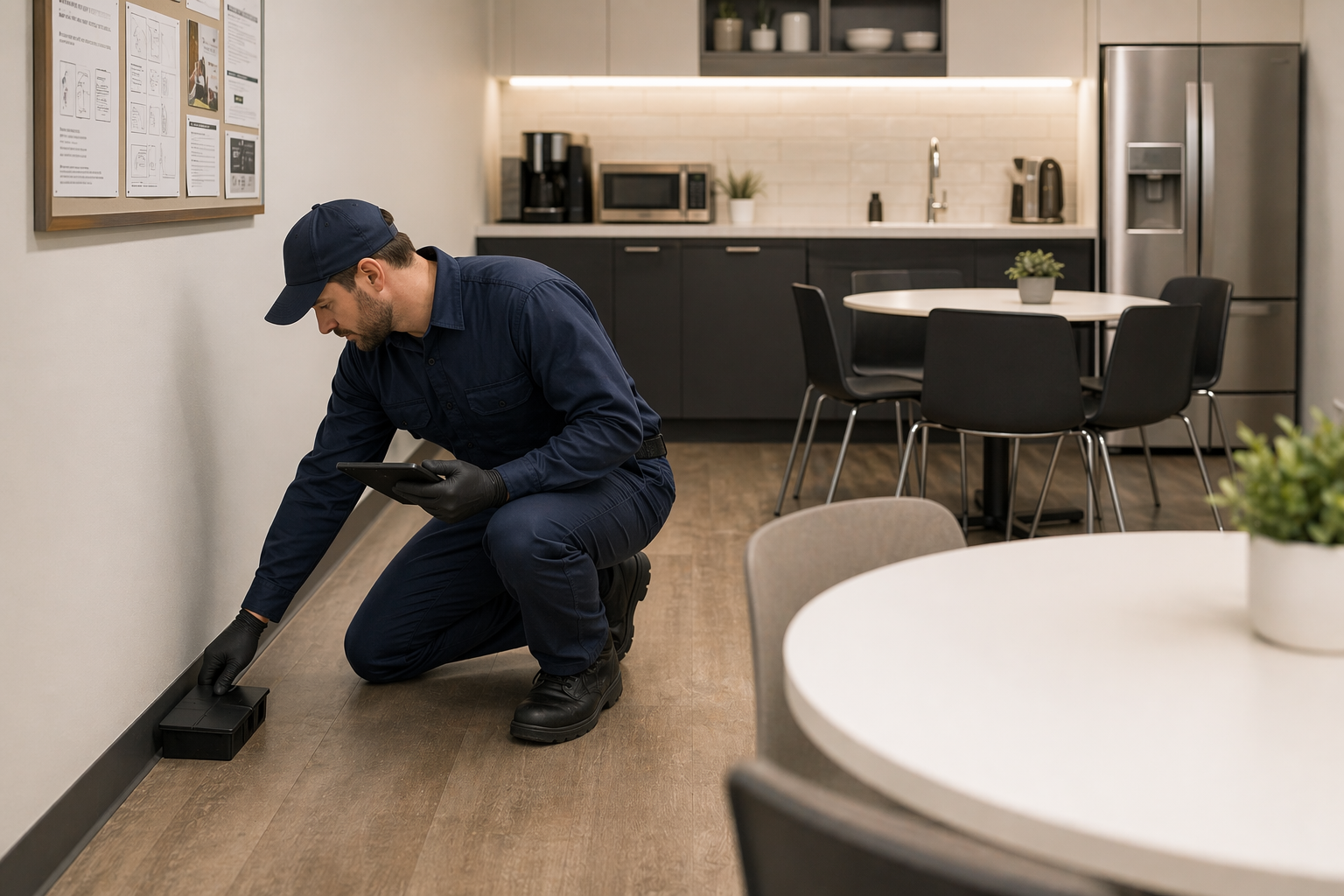 Licensed technician applying pest control treatment in a commercial space
