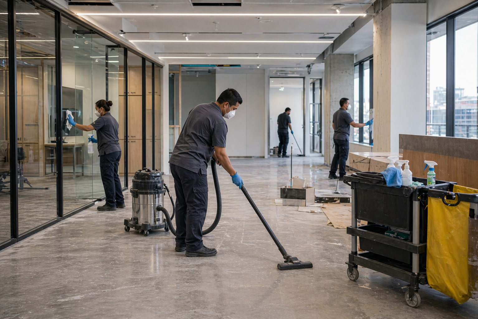Post-construction cleanup team removing dust and debris in a finished interior