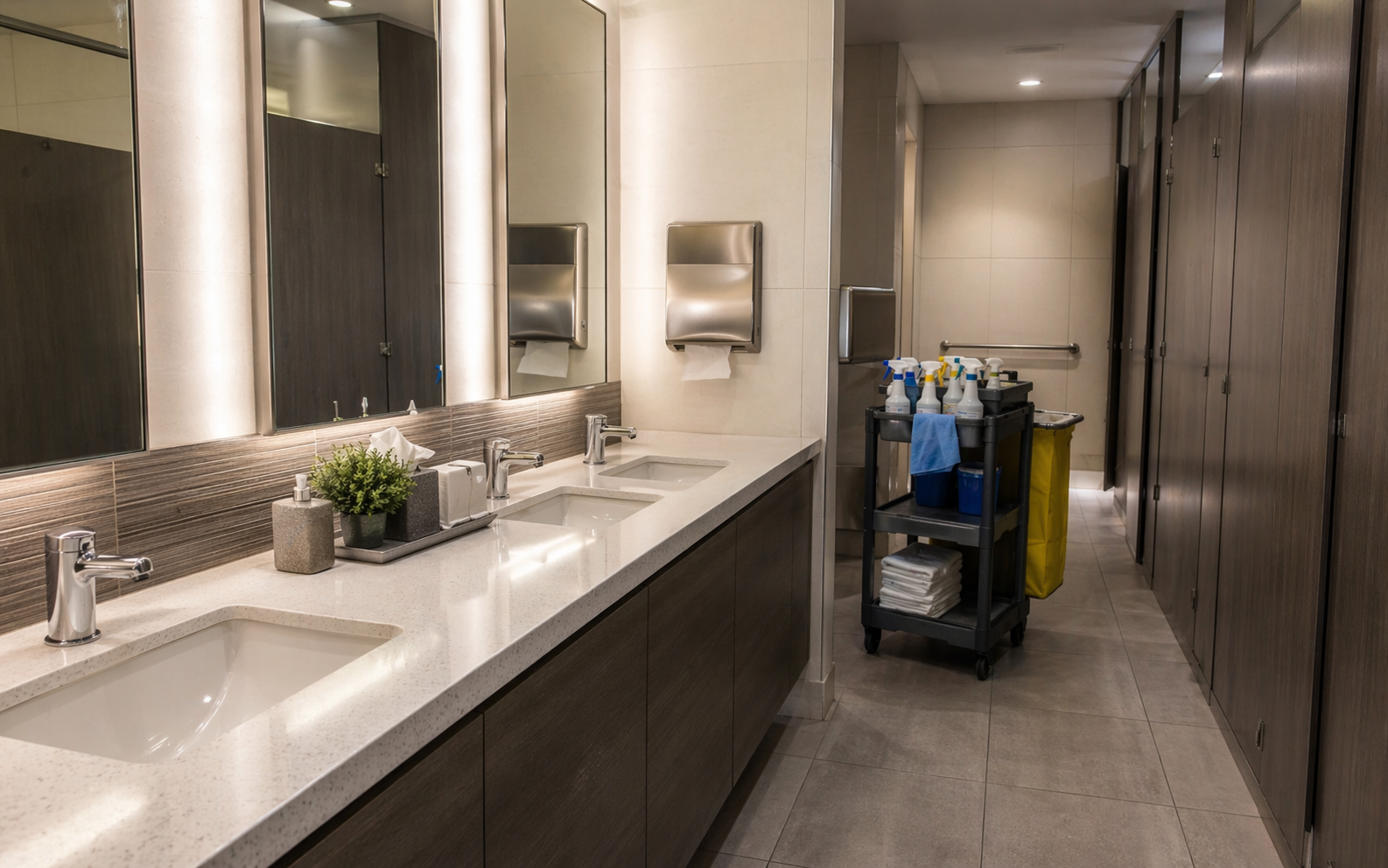Sanitized commercial restroom with a janitorial cart staged for service