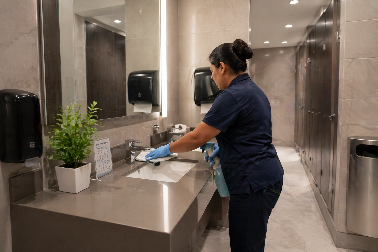 Cleaning technician sanitizing sink and touchpoints in a commercial restroom