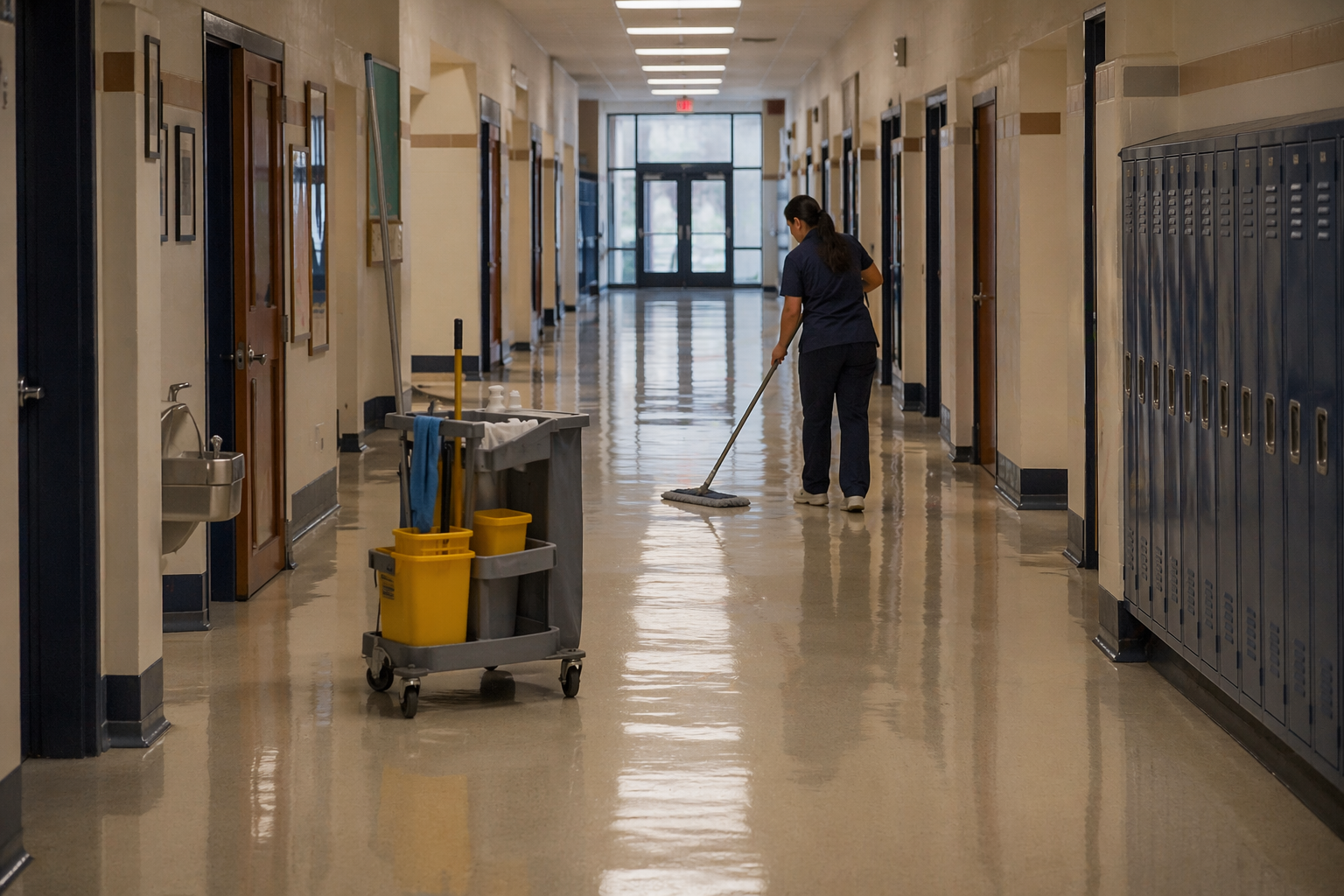 Cleaning technician mopping a private school hallway