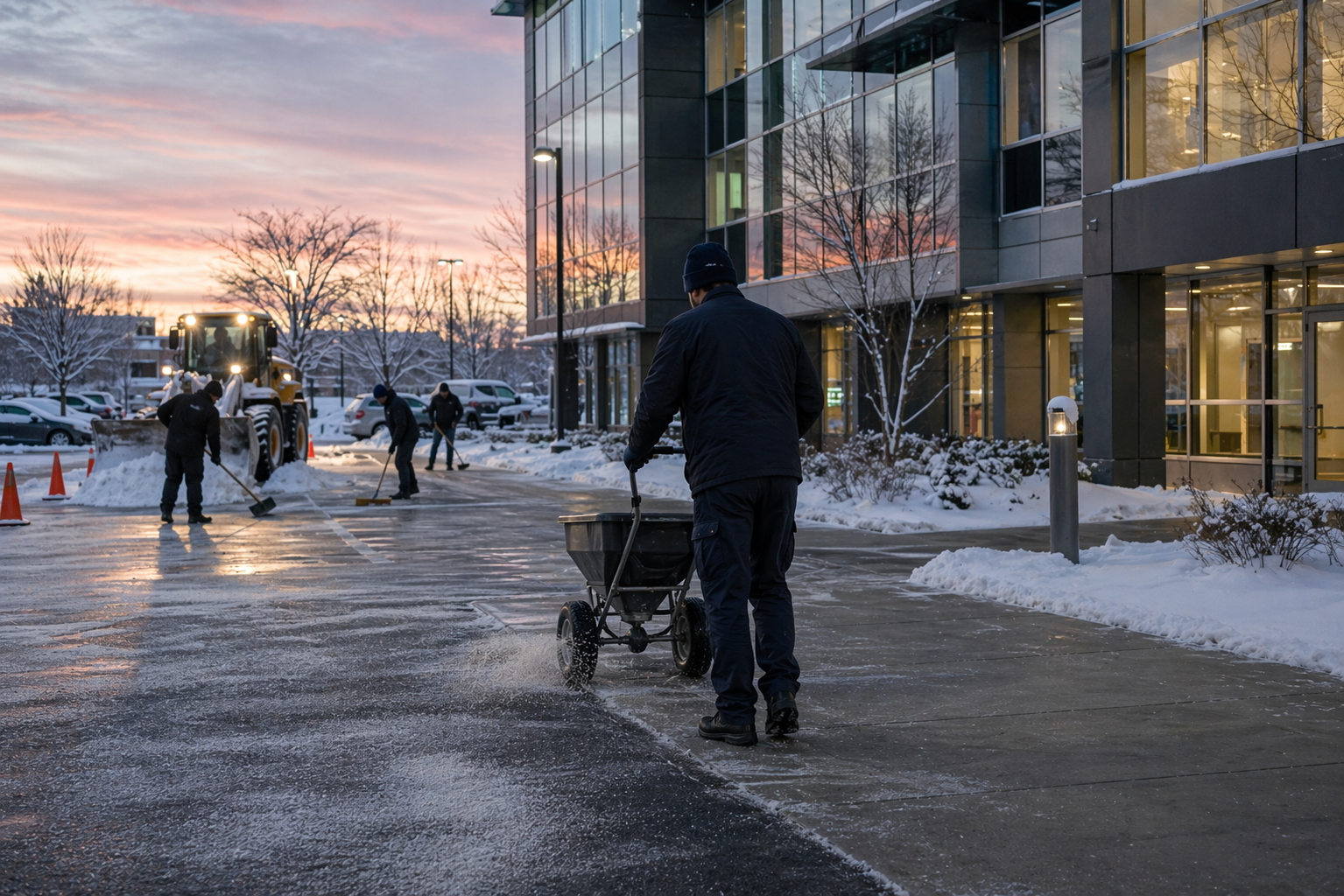 Crew clearing snow and ice from a commercial sidewalk at dawn