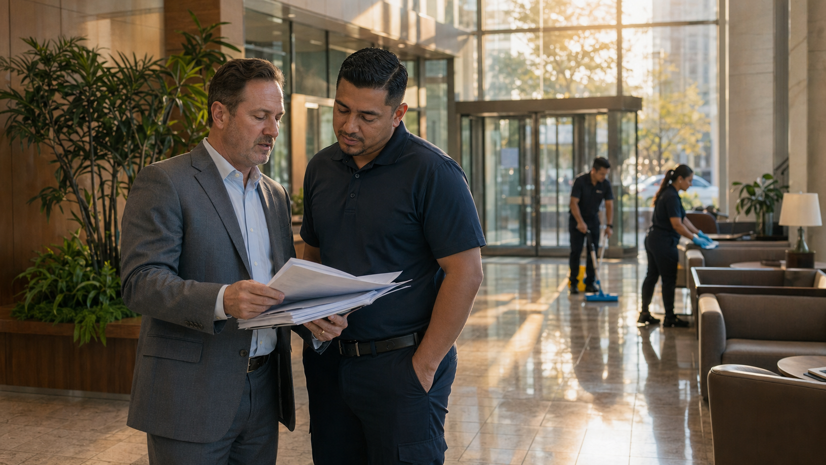 Property manager reviewing consolidated facility service reporting